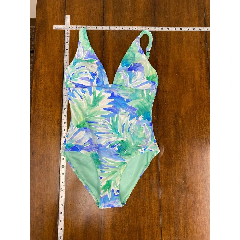 NWT, Sea Level Swim Tropical Palm V-neck Blue Green One Piece Swimsuit Size 4